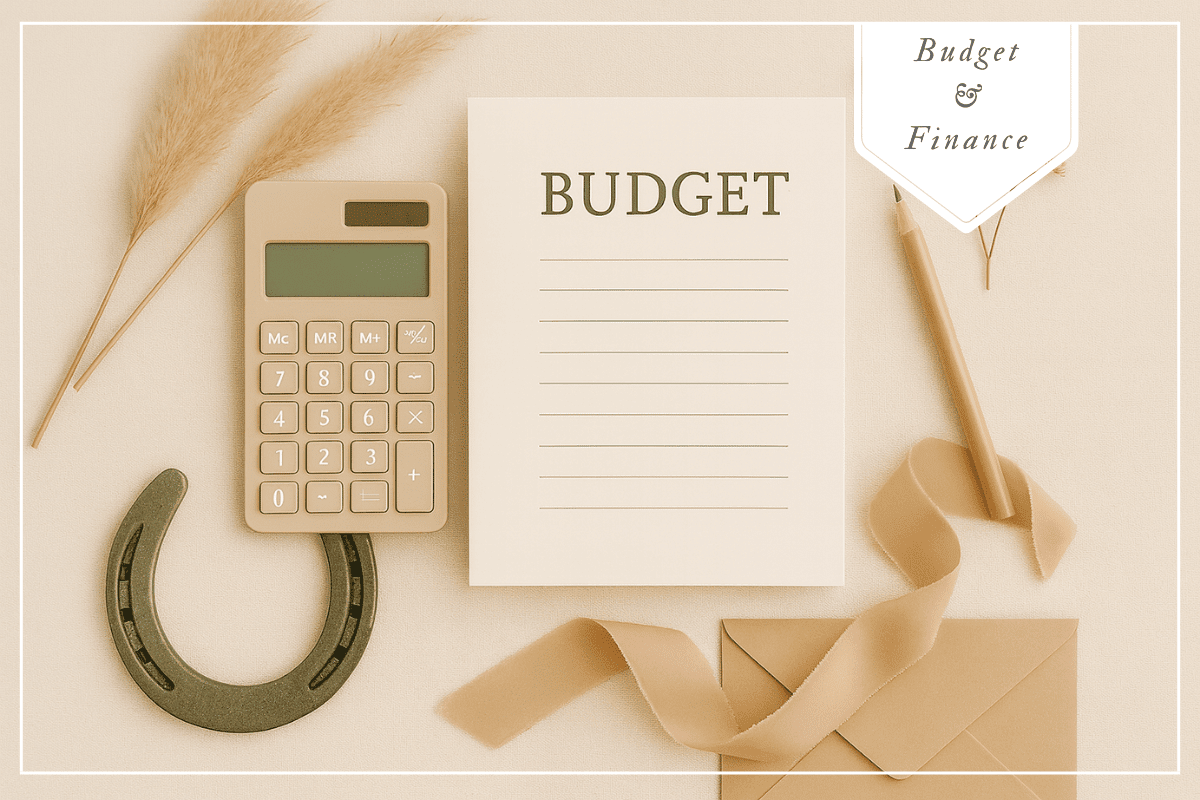Flat lay of wedding budget planning tools with calculator, notebook, pencil, and horseshoe for financial planning.