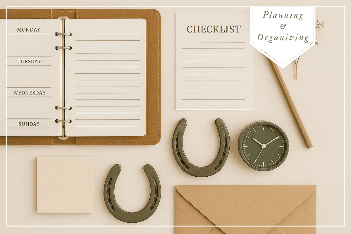 Wedding planning and organizing essentials including a weekly planner, checklist, clock, and decorative horseshoes.