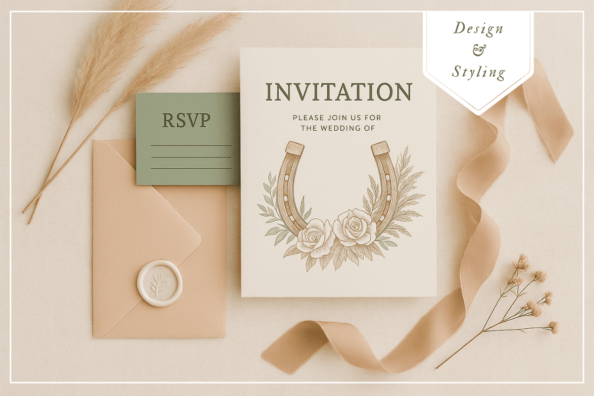 Elegant wedding invitation and RSVP card with floral horseshoe design, envelope, ribbon, and dried florals.